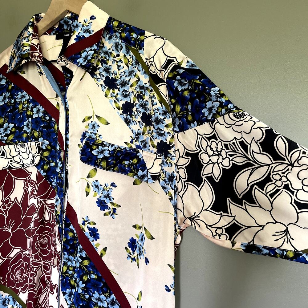 SMYTHE Shirtdress Multi Scarf Print Size Small Pink Cream Red Blue Floral Chic - Picture 12 of 16